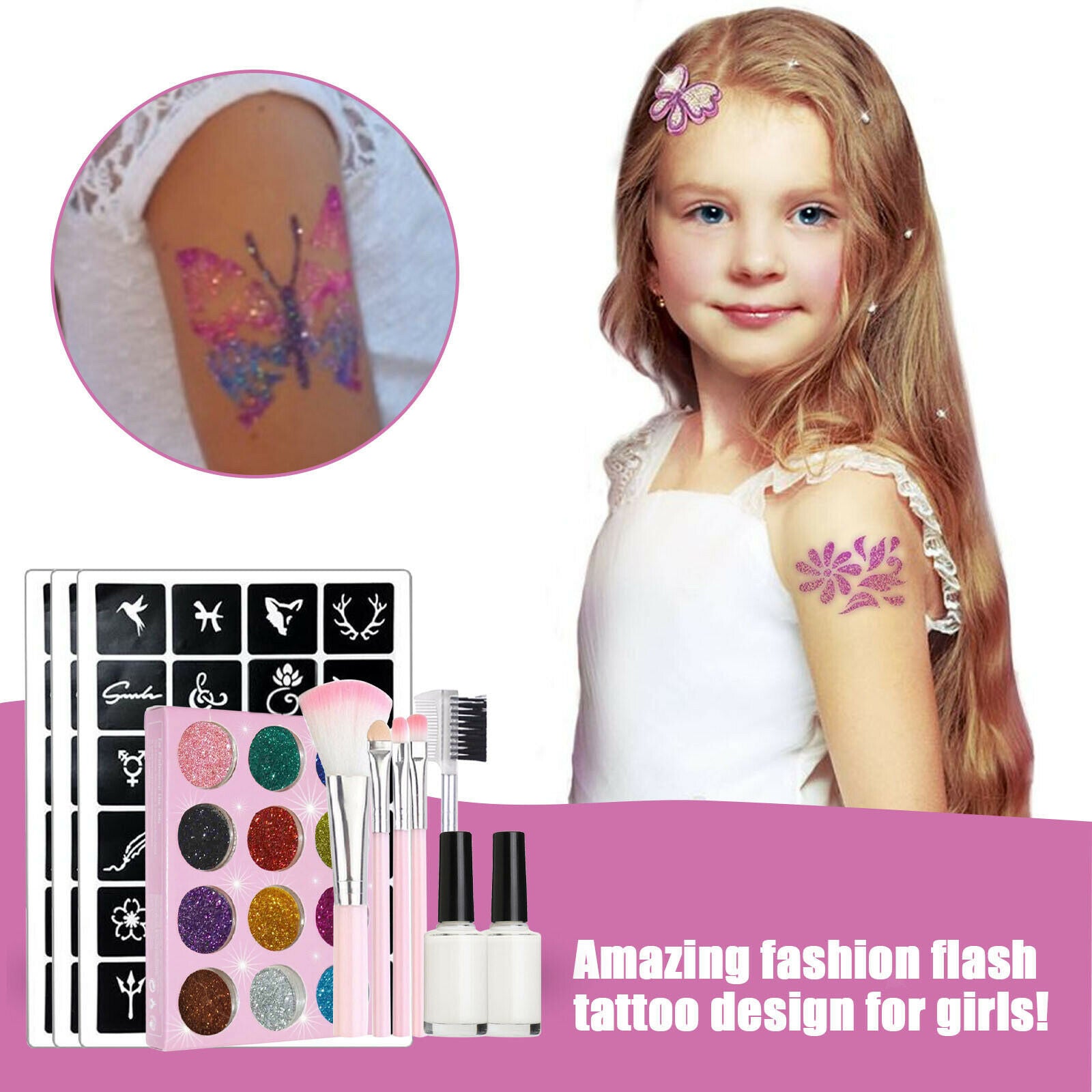 DIY Glitter Tattoo Kit 12 Glitter Colors Brush Set for Girls Kids Teenagers