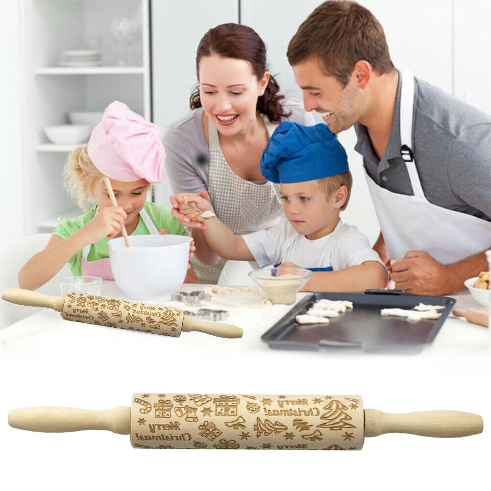 Natural Wood Wooden Embossing Christmas Rollers Rolling Pin for Baking Tools