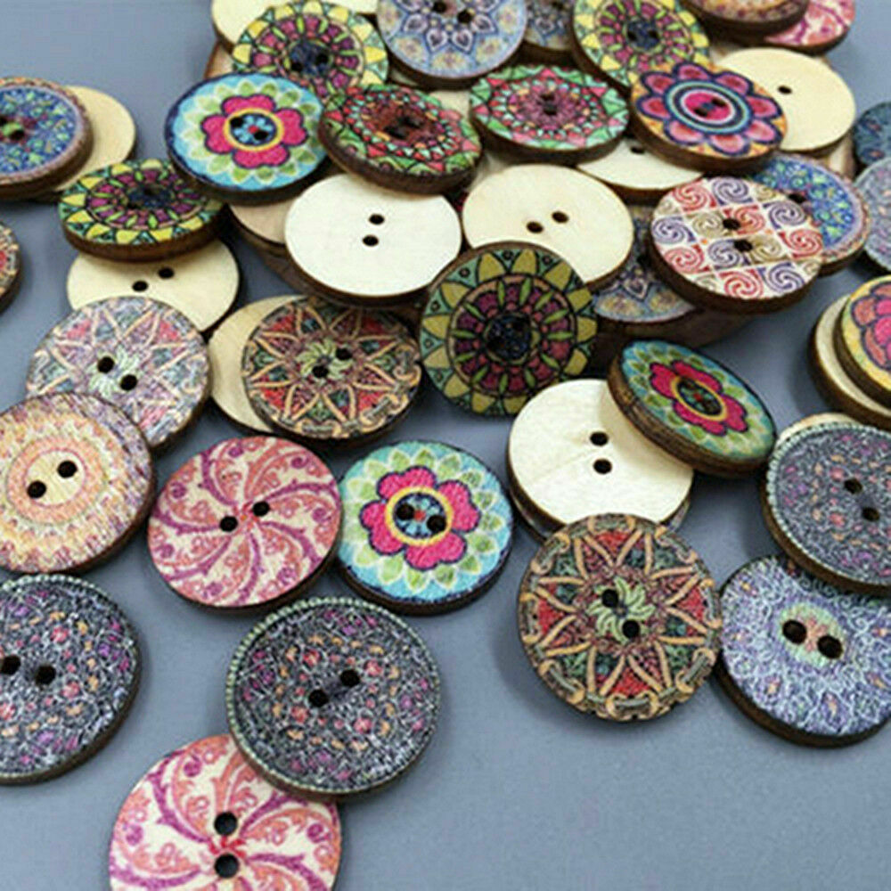 50X 2 Holes Mixed Boho Flower Wooden Button Sewing Scrapbooking DIY Craft 25MM