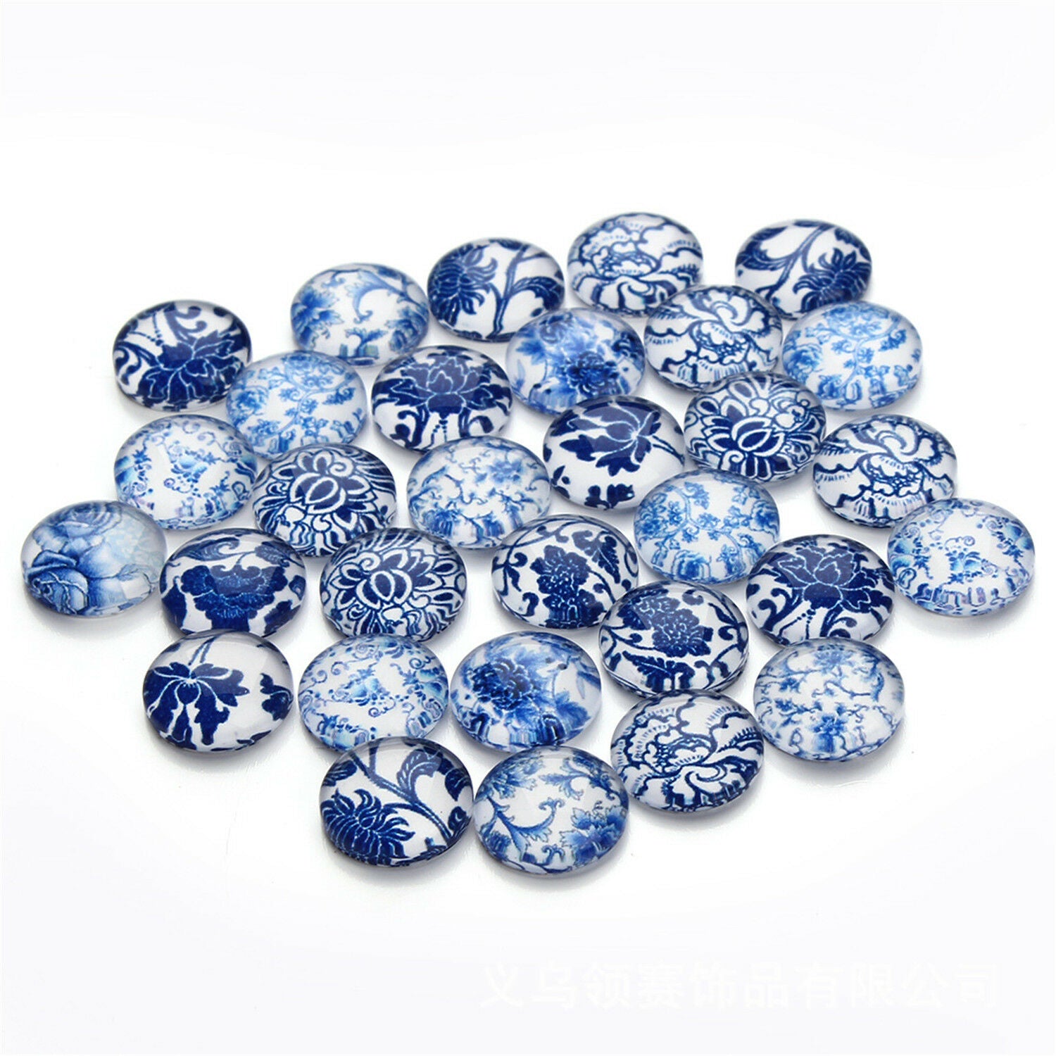 30pcs Round Glass Mixed Blue and white Porcelain Pattern Cabochon Flat Back 12mm