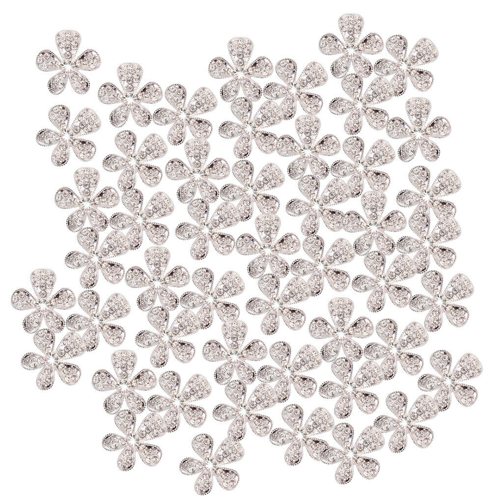50xSilver Crystal Rhinestone Flower DIY Embellishments Flatback Buttons DIY