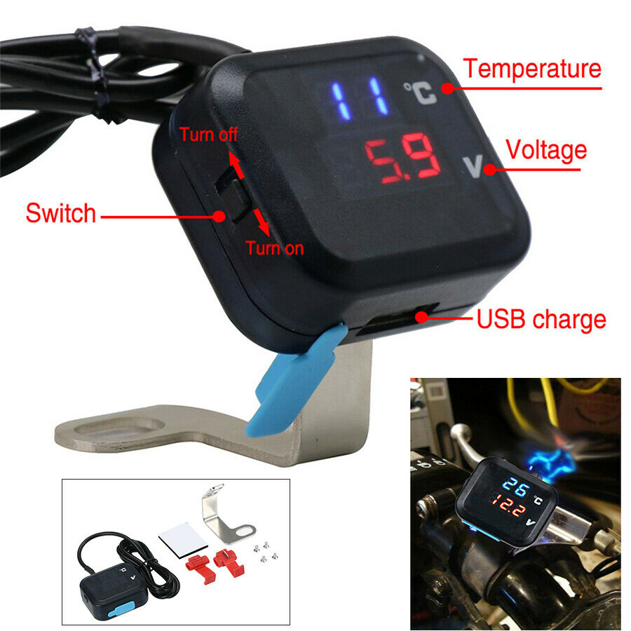 12V Motorcycle Digital Water Temp Gauge Voltmeter LCD Display with USB Charger