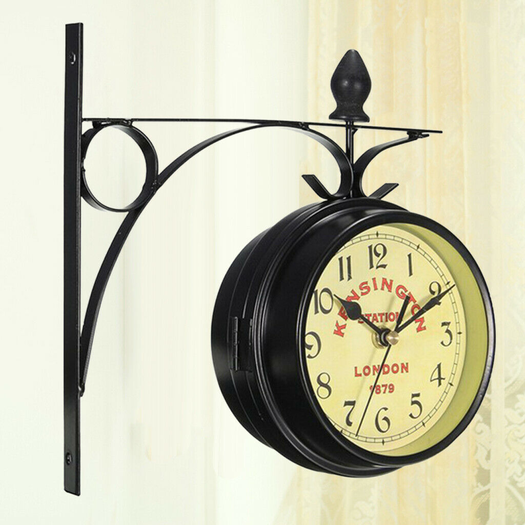 Double-Side Metal Round Wall Clock Battery Powered Garden Coffee Home Decor