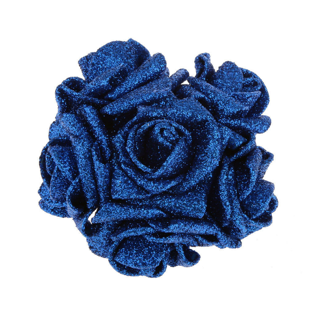 Pack of 12pcs Foam Roses Glitter Powder Flower Bouquet Wedding Decor Blue
