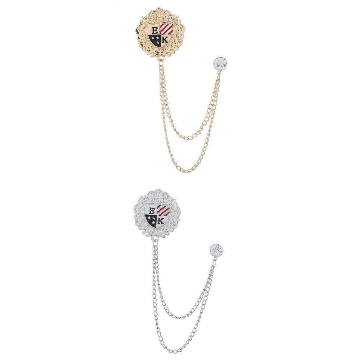 2 Pcs Crystal Shield Brooch w/ Tassel Chain Wedding Prom Label Pin Jewelry