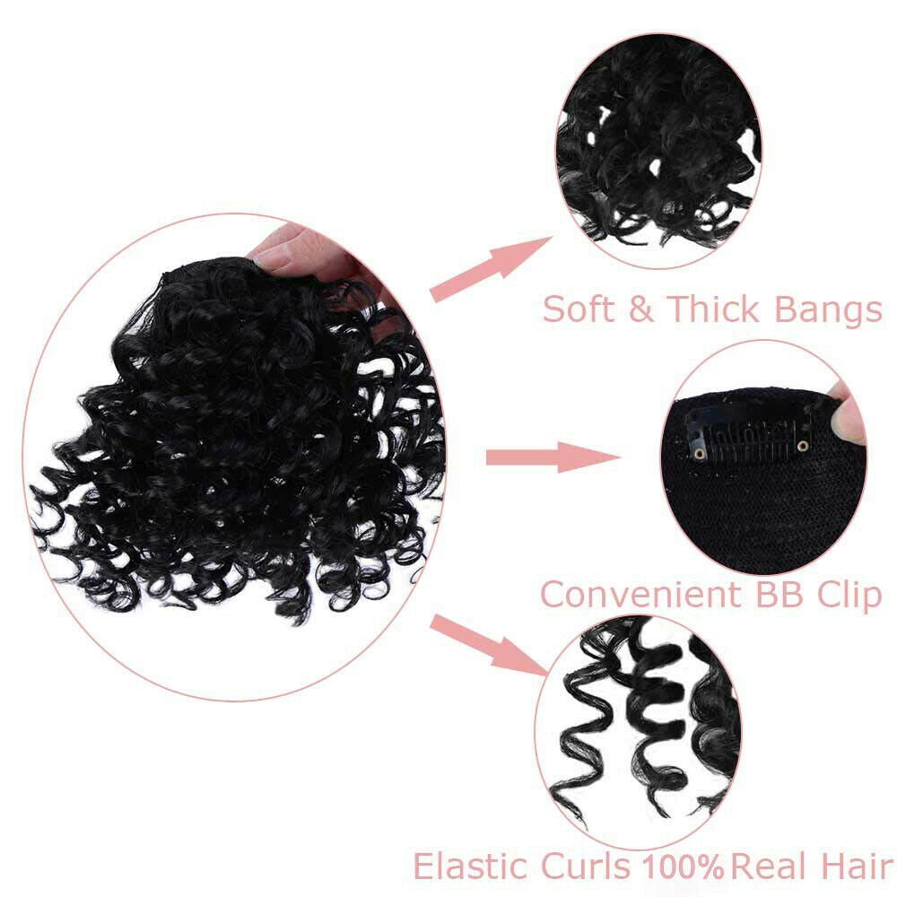 Women Jerry Curly Bangs Clip in 100% Human Hair Curls Front Fringe Hair Pieces