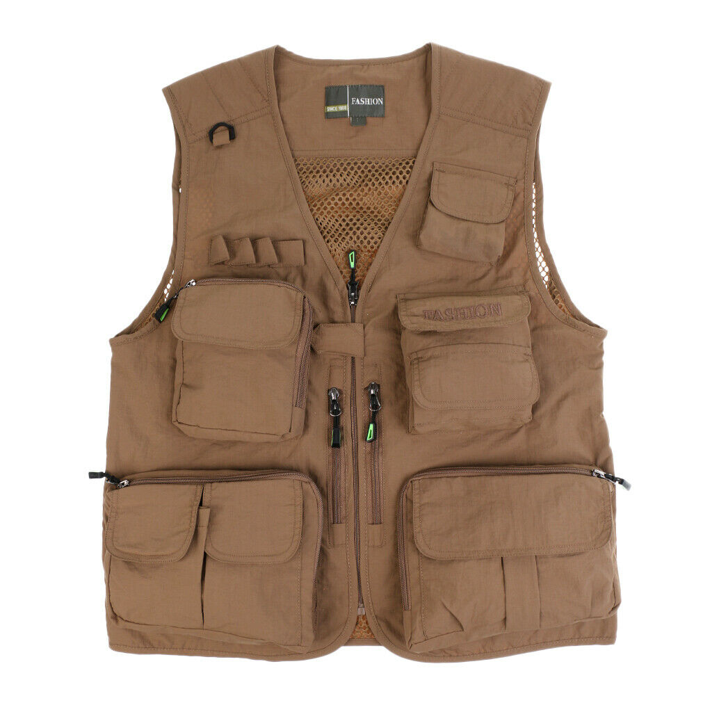 Mens Outdoor Multi-Pocket Fishing Hunting Vest Photography Jacket Khaki 3XL