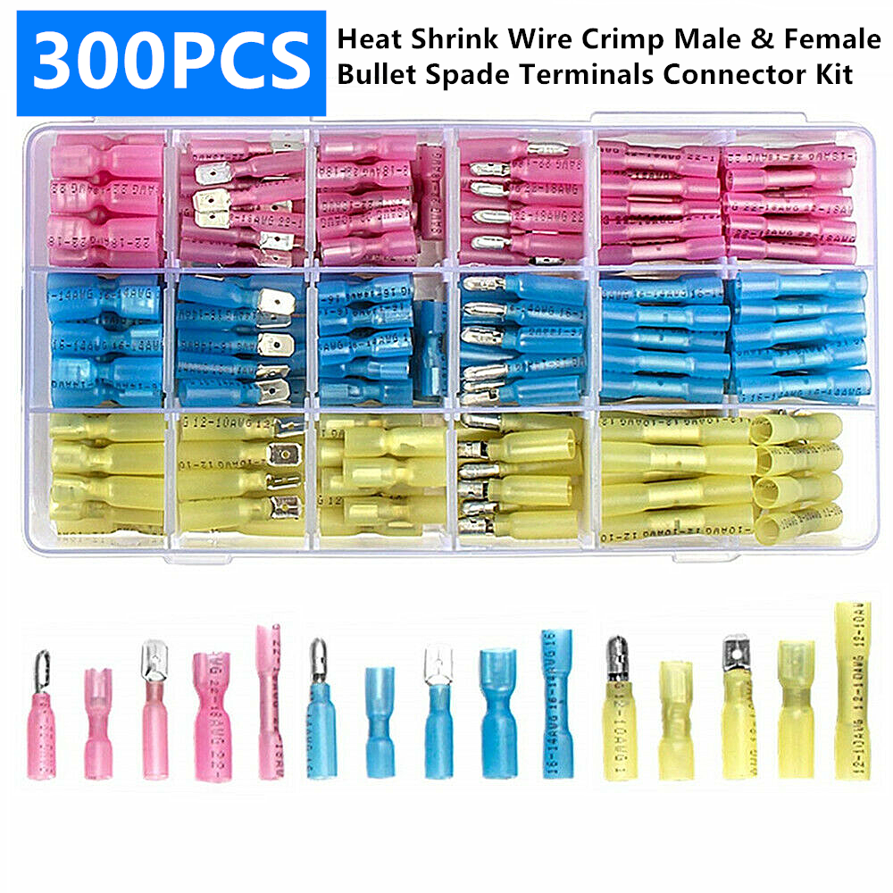 300Pcs Electrical Wire Heat Shrink Male & Female Spade Connectors Terminals Kit