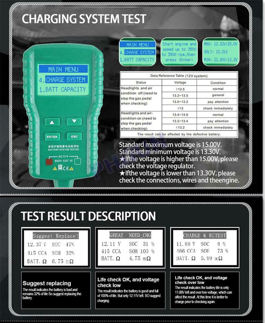 Car Battery Tester AH CCA Voltage Battery Load Analyzer Storage Battery Tester