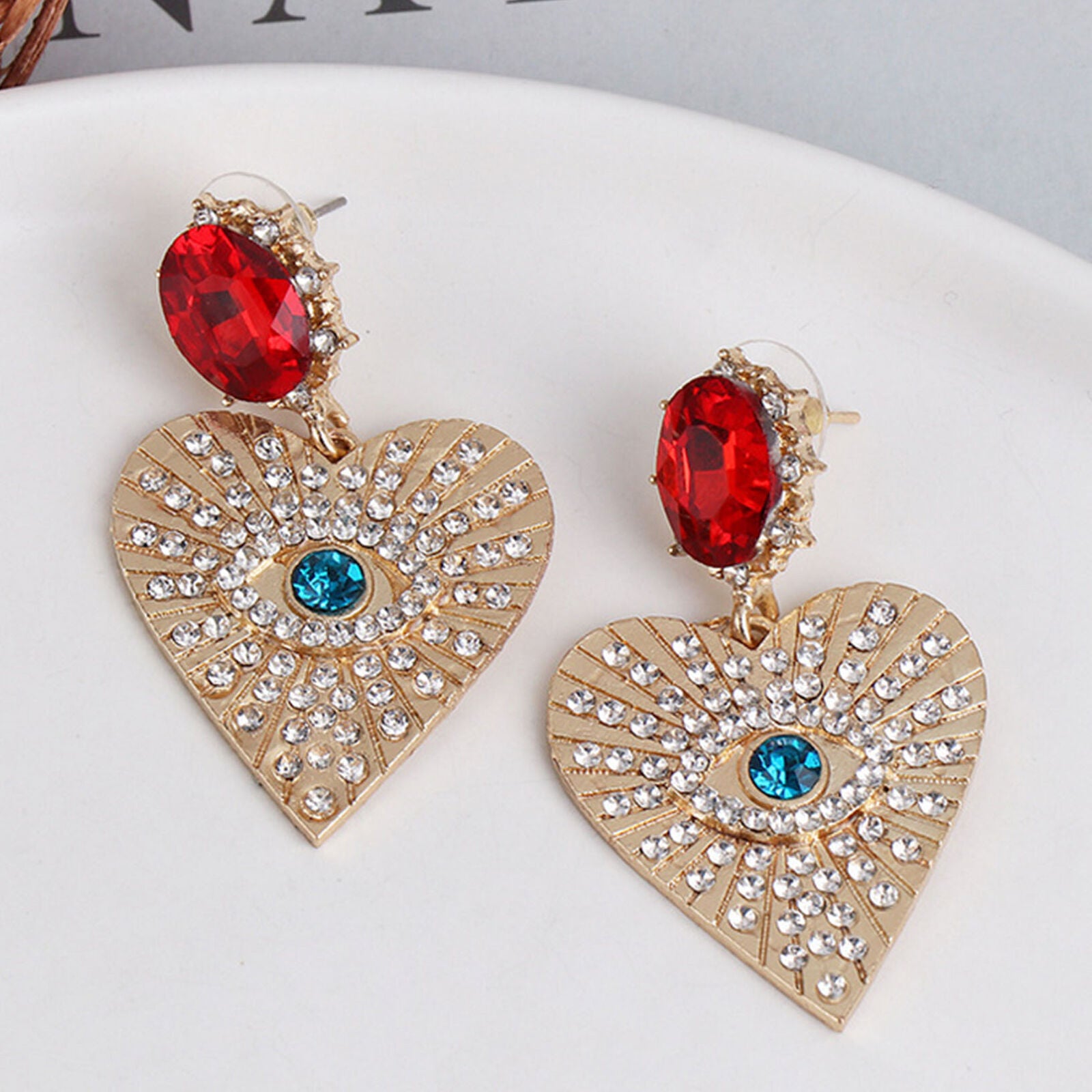 Fashion Women Crystal Rhinestone Big Heart Eyes Drop Dangle Statement Earrings