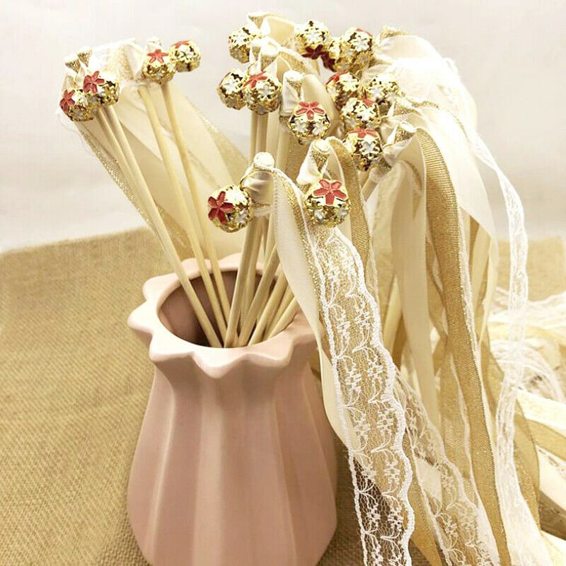5Pcs Ribbon Wedding Wands Wedding Lace Ribbon Stick Bells Twirling Stream.l8
