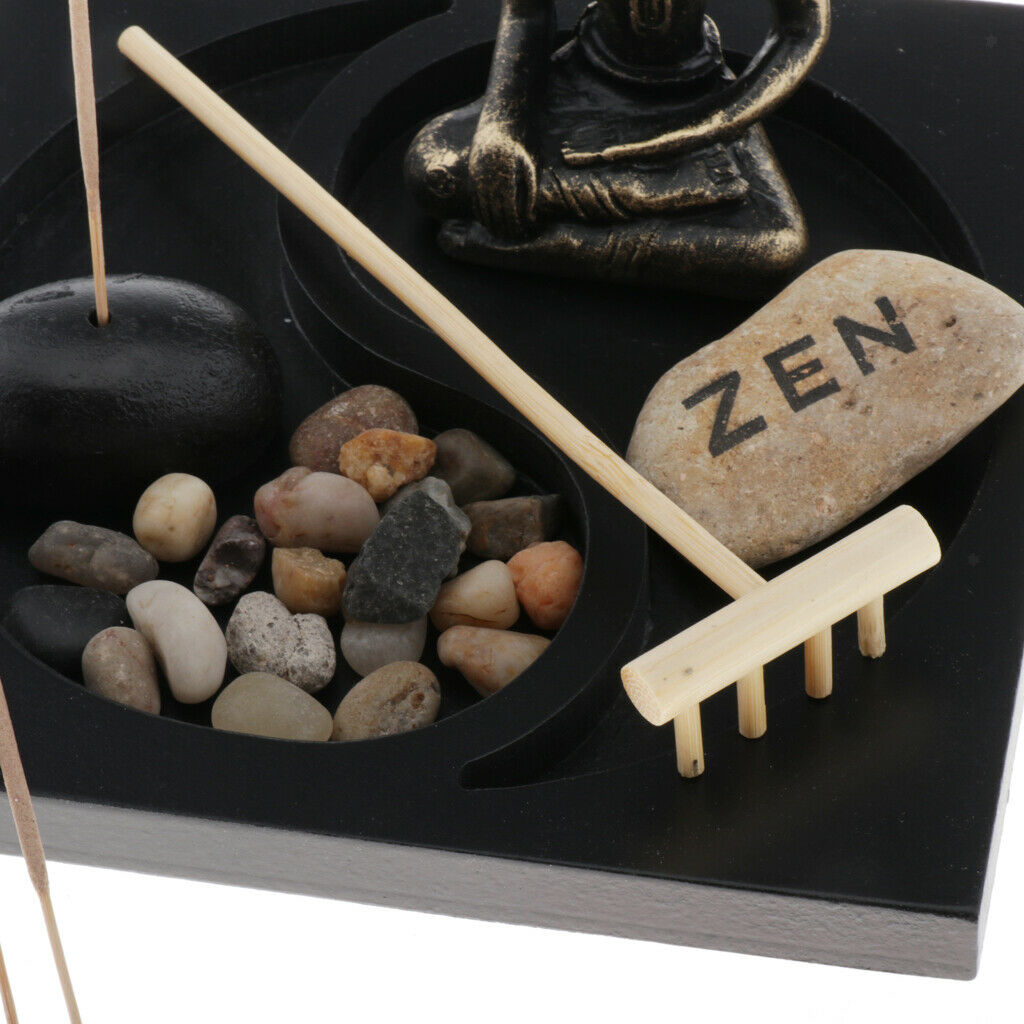 Meditation Buddha Statue Zen Garden Sand Rock Rake Incense Burner Scene