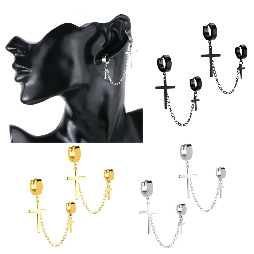 2pcs Stainless Steel Double Cross Dangle Chain Men's Hoop Earrings Black