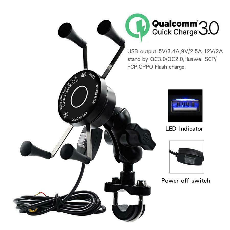 Motorcycle Scooter Wireless + Wired USB Fast Charger Phone Holder w/ Bracket