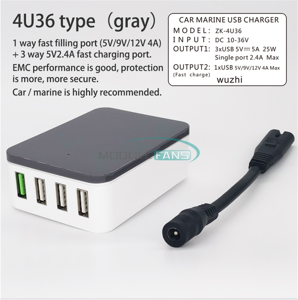 w/ Quick Charge QC2.0, QC3.0 Car Ship 4-port USB Charger DC10-36V to 12V/9V/12V