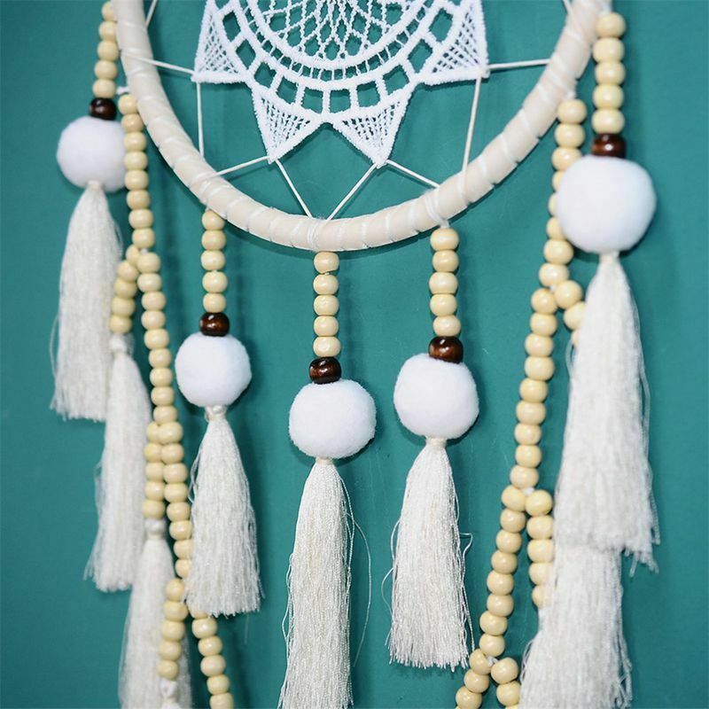 Macrame Wall Hanging Dream Catcher Large Natural Hairball (Beads with tassel) V8