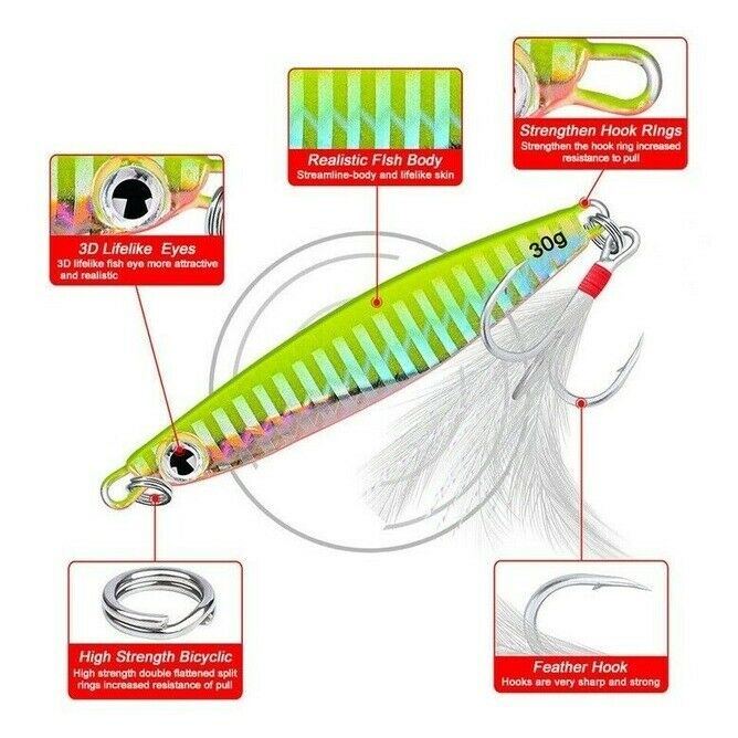 5Pcs 30g Jigs Fishing Lures Metal Hard Baits Lead Alloy FishLure Feather Hooks s