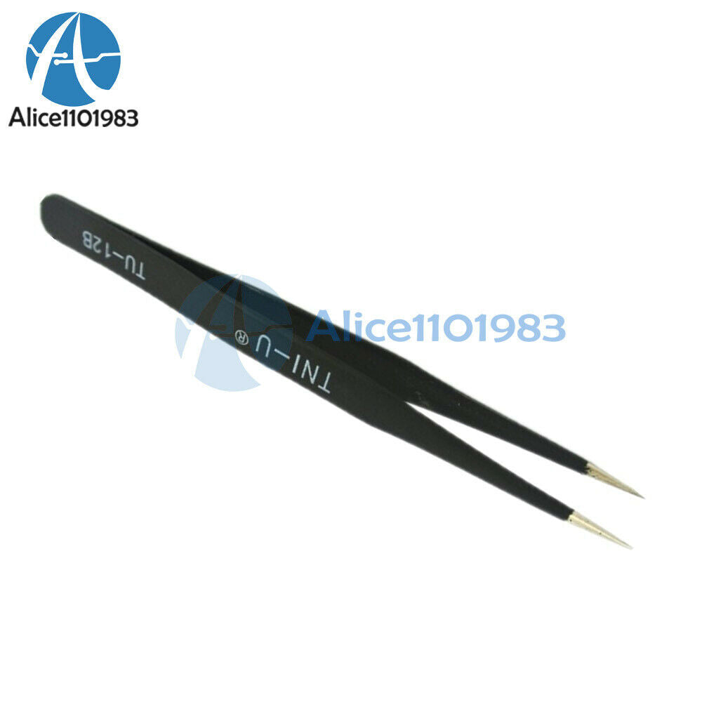 Stainless Steel Black Elastic Anti-static Tip Straight Tweezer TU-12B