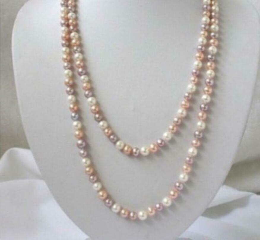 Natural 7-8mm white pink purple freshwater pearls necklace 50"