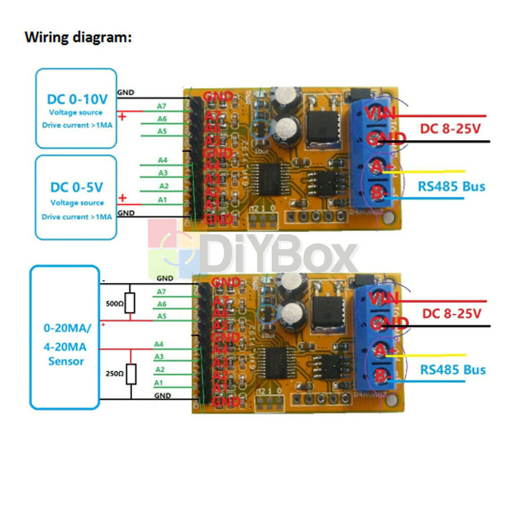 7CH R4AVA07 5V 10V DC Analog Voltage Acquisition Sampler RS485 ModBus RTU Module