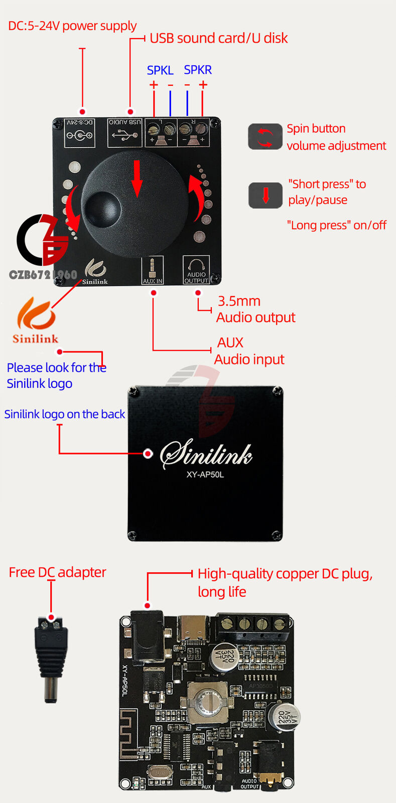 12V 24V Mini Bluetooth 5.0 50W+50W Wireless Audio Power Digital Amplifier Board