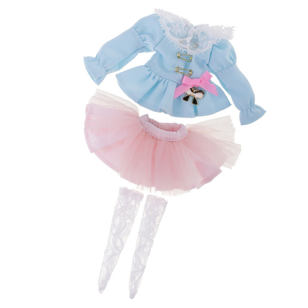 Blue Puff Sleeve Top Clothes Light Pink Skirt Stockings Socks Set for Blythe
