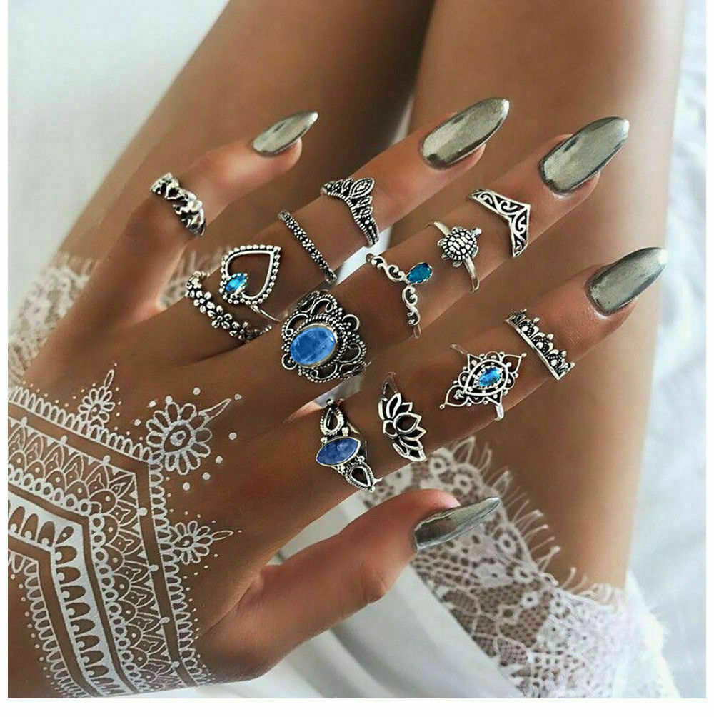 Women 13pcs Blue Crystal Turtle Finger Rings Knuckle Midi Ring Sets Boho Jewelry