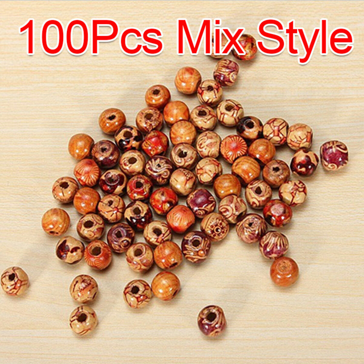 100pcs Mixed Wood Round Beads for Jewelry Making Loose Spacer 10mm