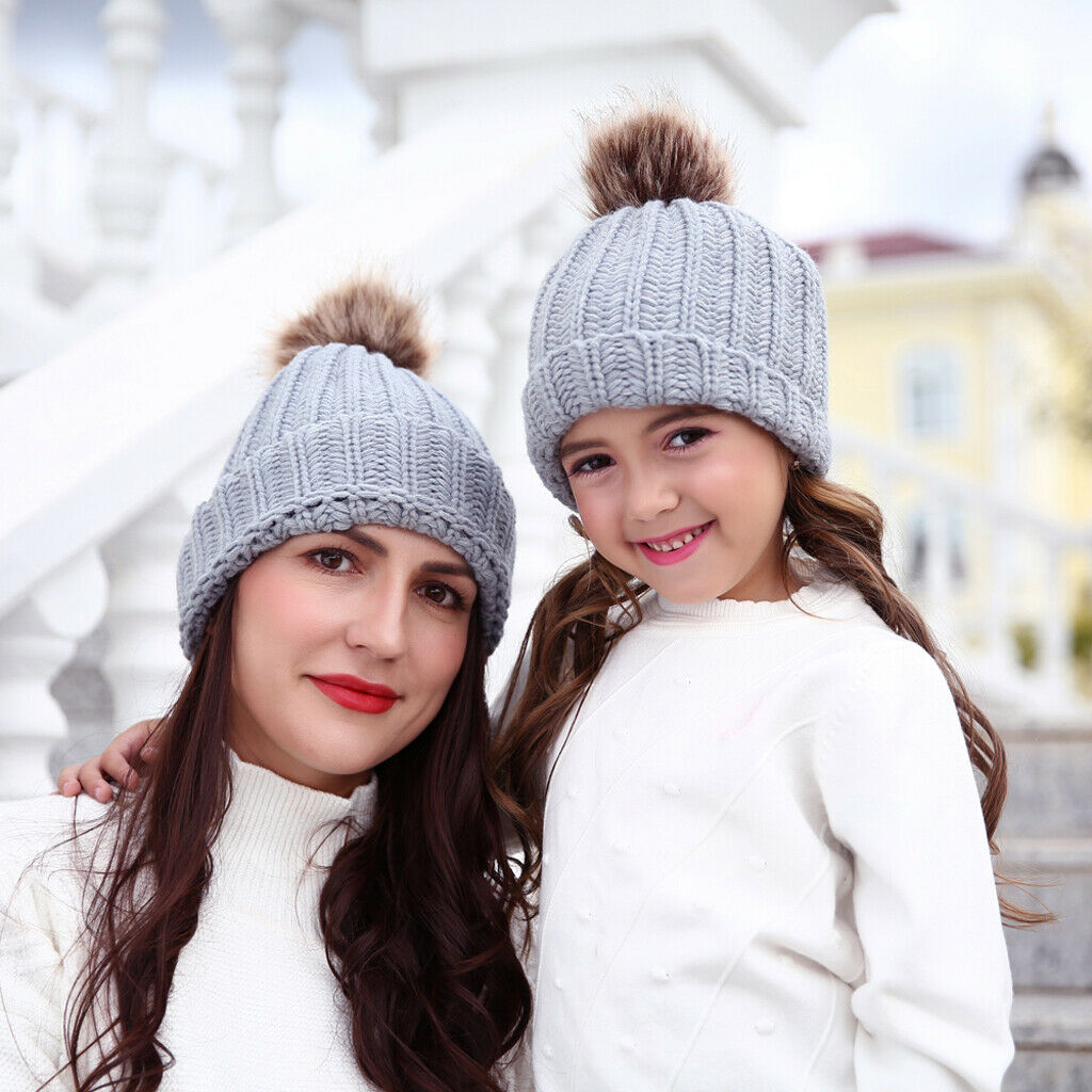 Parent Child Warmer Hat Mother Daughter Son Winter Warm Knit Hat Gray