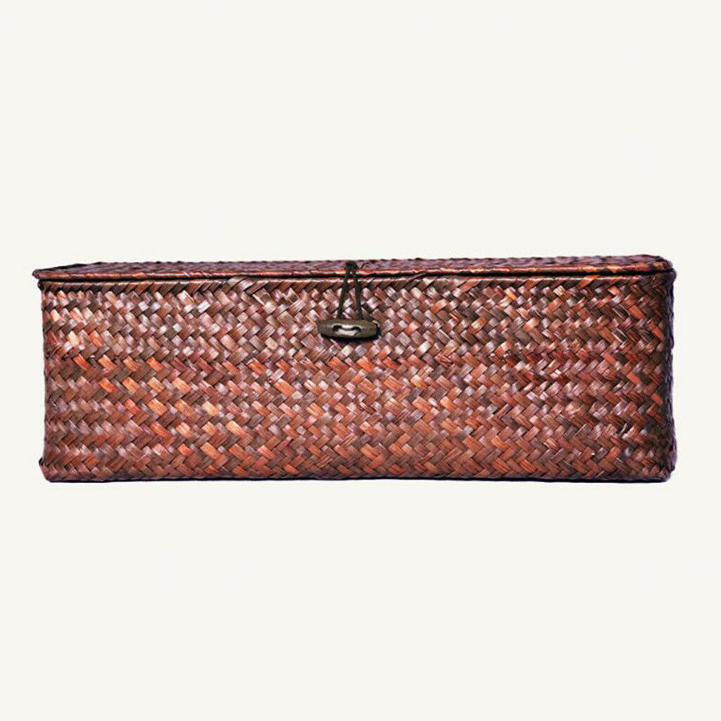 Seagrass Storage Box Handmade Woven Basket with Lid Dark Coffee 33x12x10cm