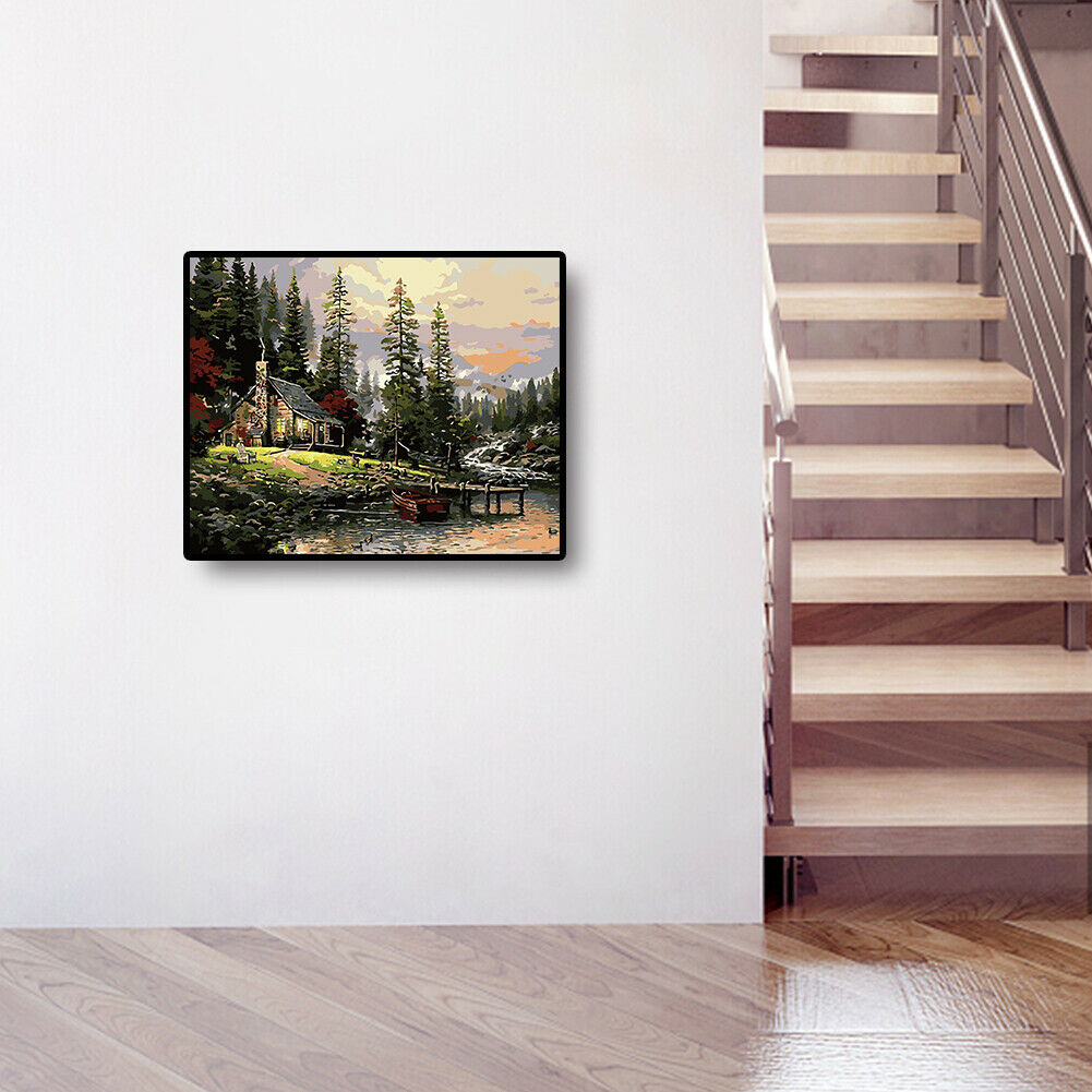 DIY Digital Oil Painting By Numbers Riverside Hut Canvas Acrylic Wall Art  @
