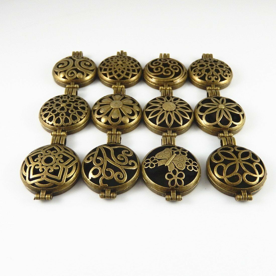 12 pcs Antiqued Bronze Assorted Lockets Charms Aromatherapy Diffuser Pendant