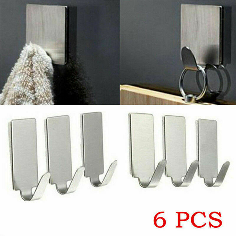 6pcs Kitchen Wall Door Stainless Steel Hook Hanger Adhesive Stick Holder Tool US