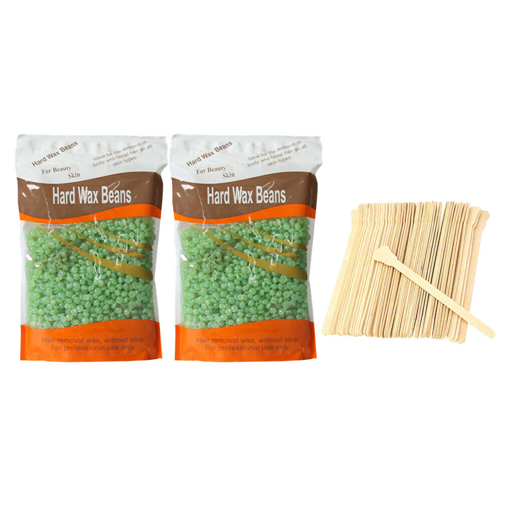 2Pcs Depilatory Hard Wax Beans Painless Hair Removal w/ 50Pcs Spatulas Set