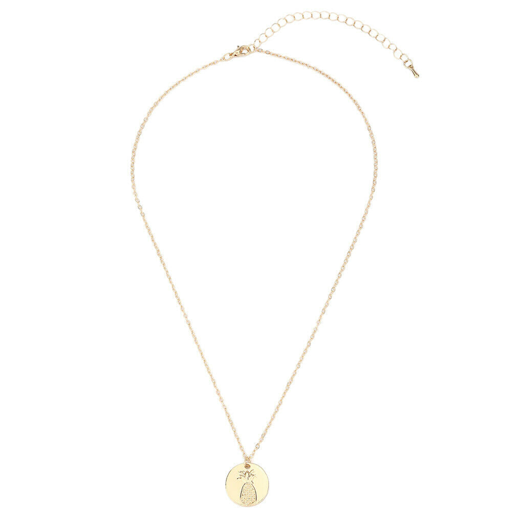 Cricle Disc Pendant Necklace Engraved Pineapple Design Sweater Necklace