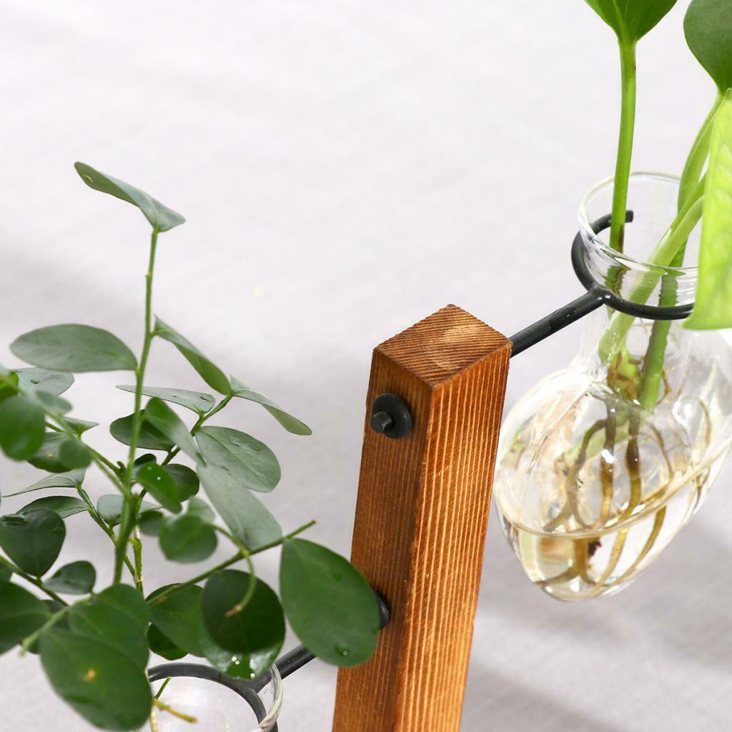 Love Heart Shape Glass Hydroponic Flower Vase Container w/Wooden Stand Decor