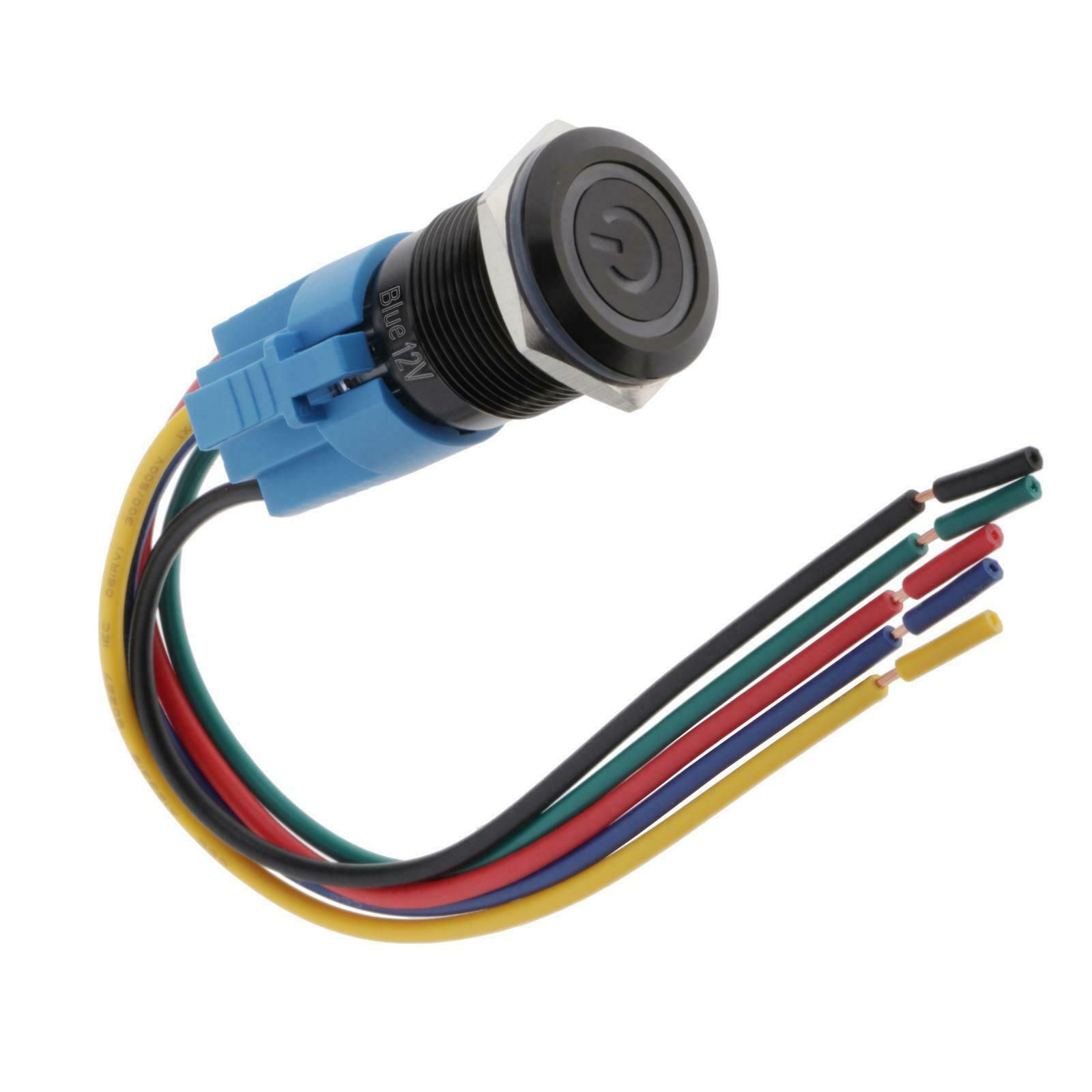 12V Black Latching Push Button Power Switch IP67 Waterproof Blue LED
