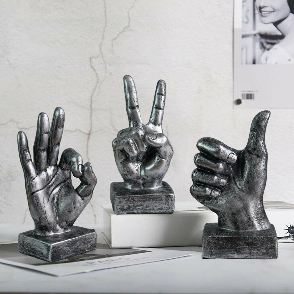 3x Chic Art Hand Gesture Sculpture Statue Office Cabinet Tabletop Decorative