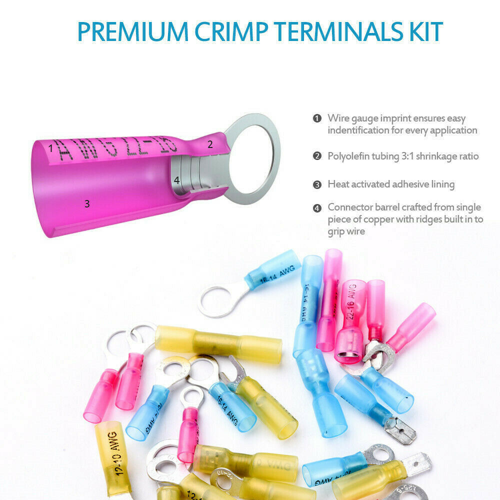 120PCS Assortment Heat Shrink Ring Spade Fork Crimp Terminals Wire Connectors