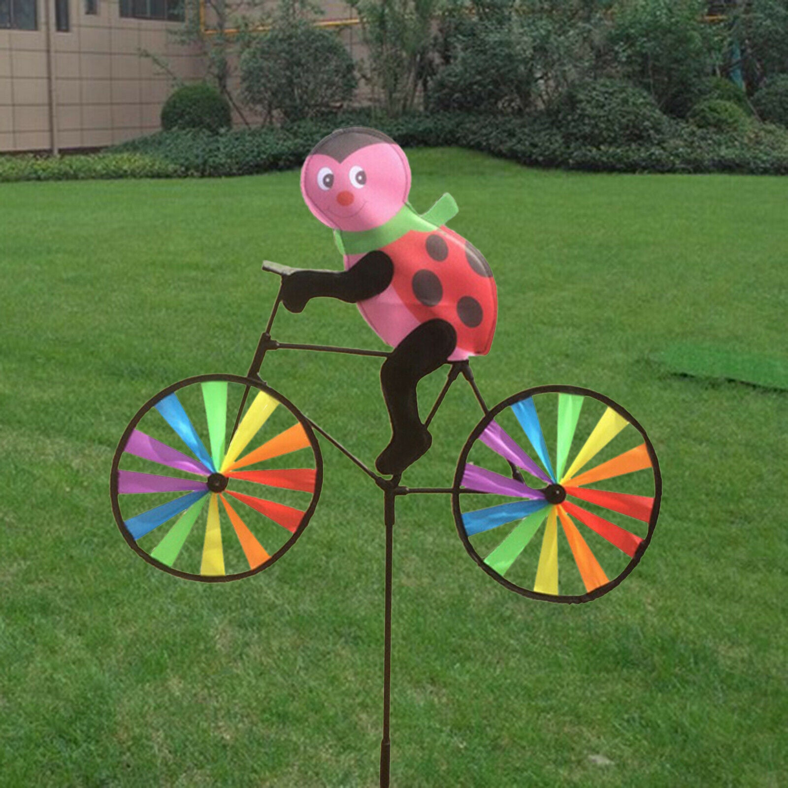 Outdoor Garden Stake Ladybird Riding Bike Windmill Wind Spinner Ornament