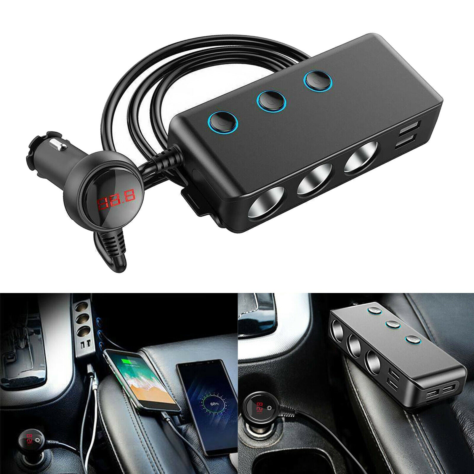 Car Charger Extension Cigarette Lighter Adapter 3-Socket Splitter Black