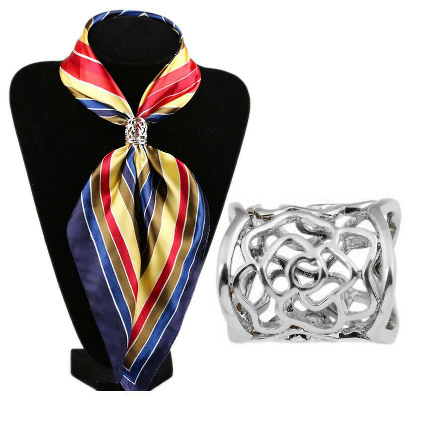 2pcs Women's Diamante Metallic Silk Scarves Clip Scarf Ring Chiffon Buckle