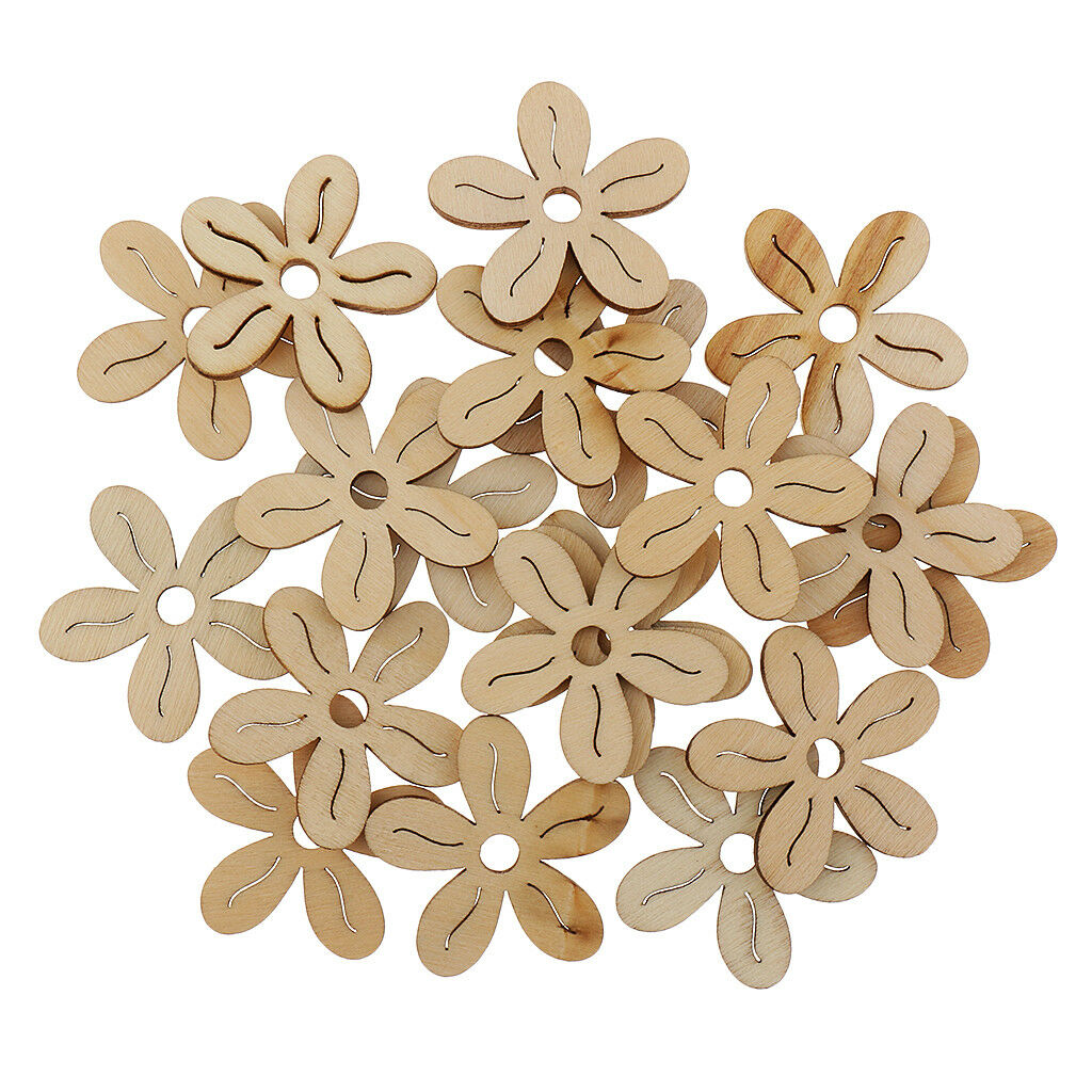40pcs Unfinished Wooden Flower Embellishments for DIY Kids Wood Craft 35mm