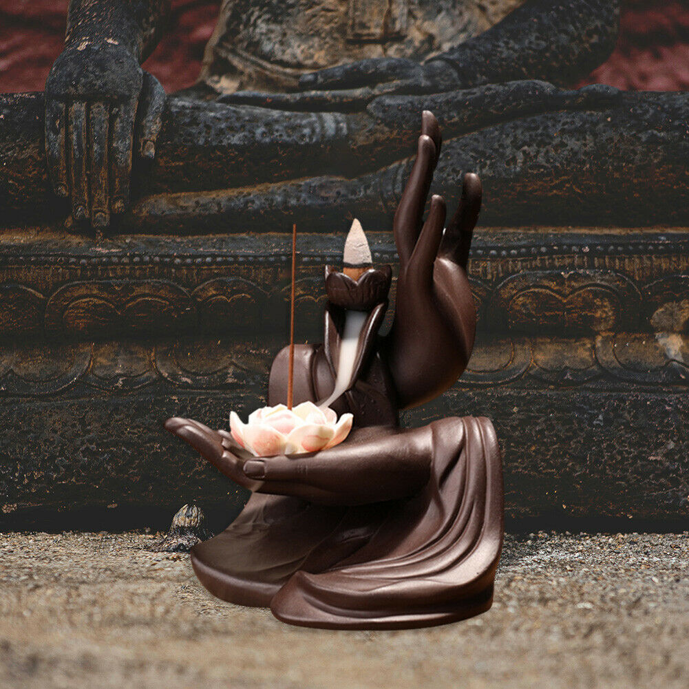 Ceramic Backflow Incense Burner Bergamot Hand Waterfall & 20 Cones Gift Decor @