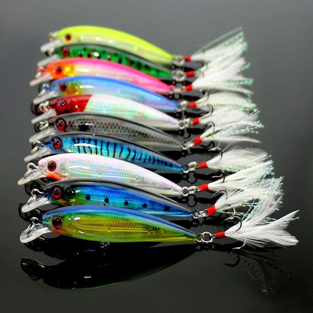 10PCS Minnow Fishing Lure Bait Bass Crank Feather Hook Popper Fishing Tackle