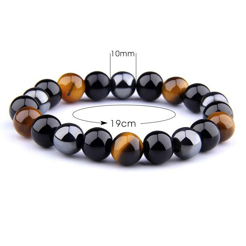 Bracelet " Triple Protection " IN Eye Of Tiger, Hematite And Obsidian Black New