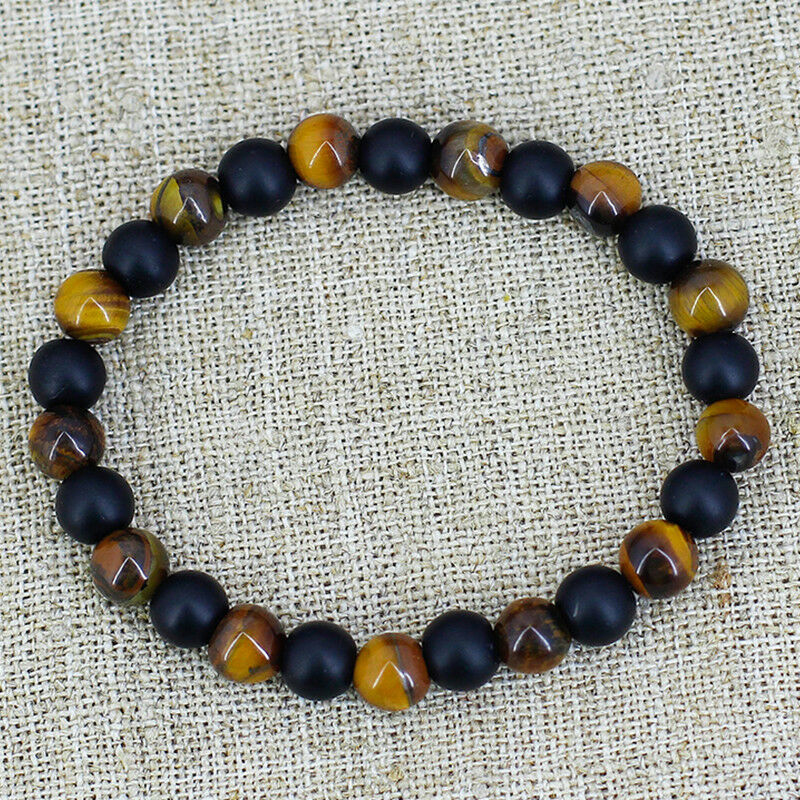 Men Tiger Eye Matte Onyx Mala Stone Yoga Beaded Bracelet Energy Viking Jewelry