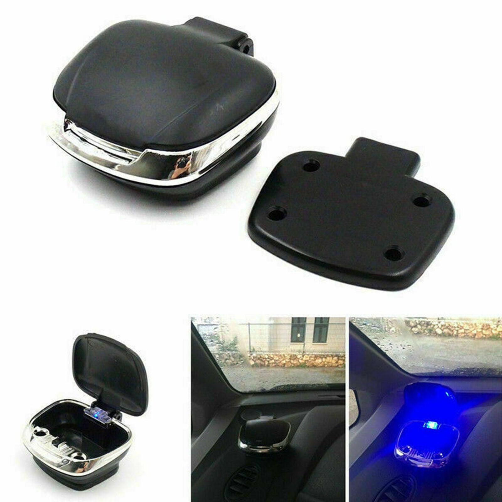 Inside Car Ashtray W/ Detachable Base Shell Shape LED Blue Light Universal Black