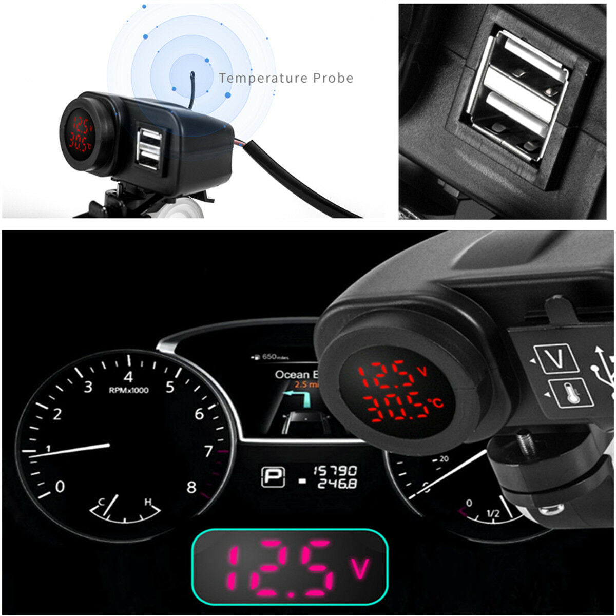 12V Dual USB Charger w/ Digital Voltmeter Real-time Outside Temperature Display