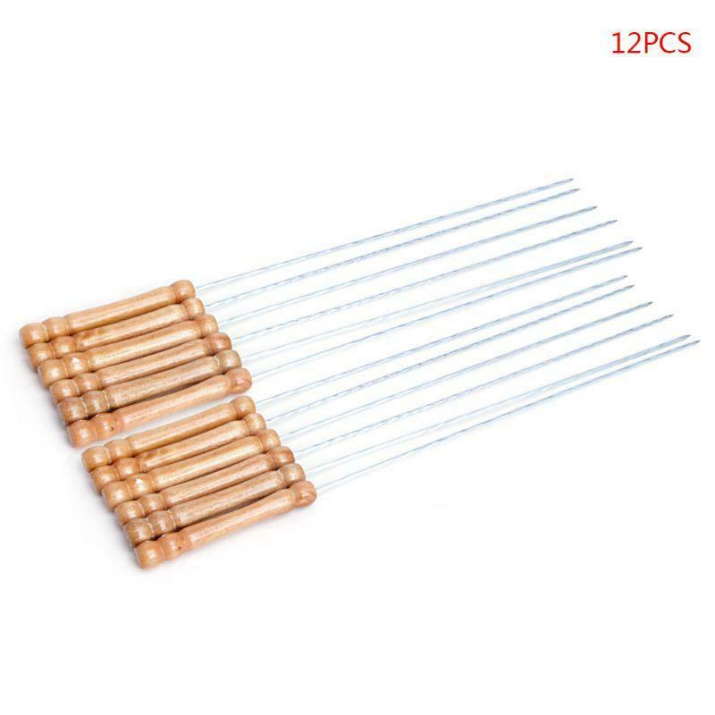 Stainless Steel BBQ Roast Barbecue Skewer Grill Kebab Needles Stick Wood Handle
